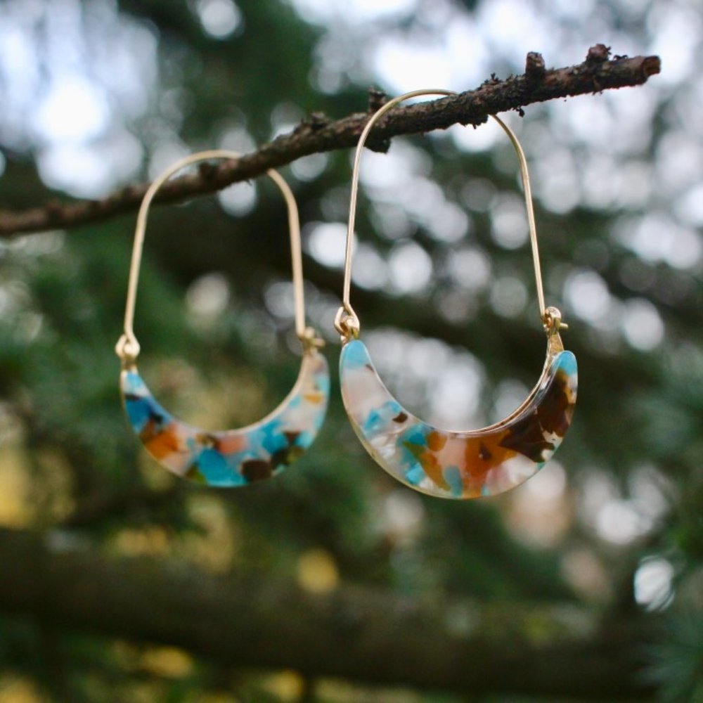 Anthropologie Turquoise Brown Gold Crescent Hoop Earrings